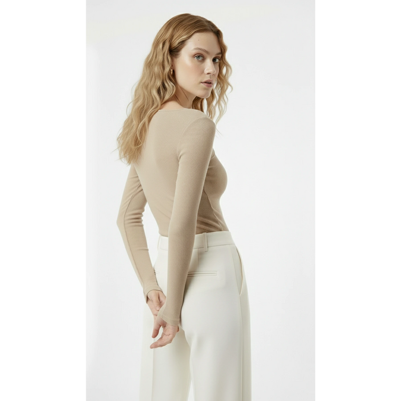 Beige Ribbed Square Neck Top