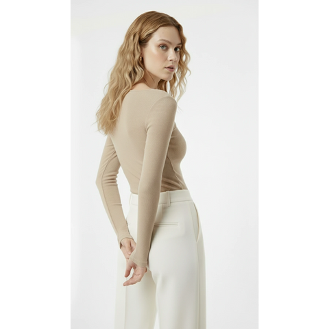 Beige Ribbed Square Neck Top