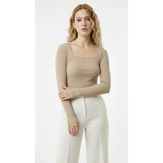 Beige Ribbed Square Neck Top