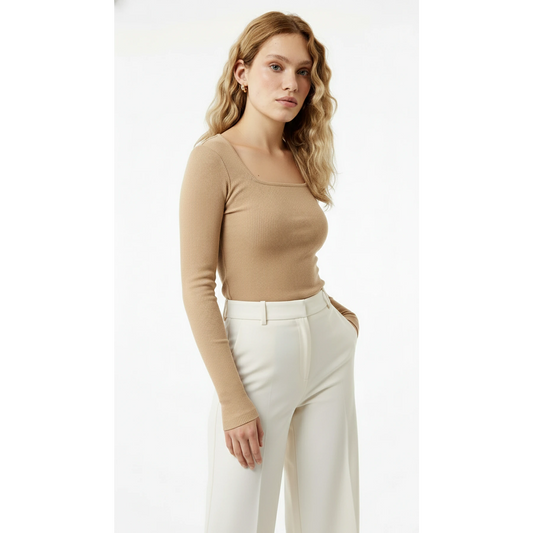 Camel Ribbed Square Neck Top