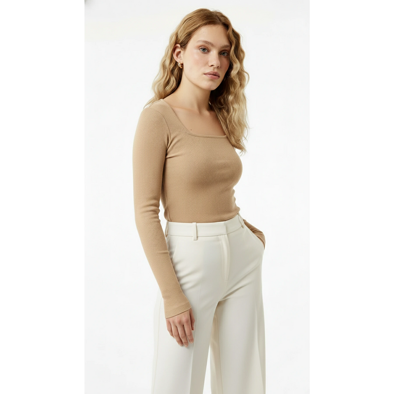 Camel Ribbed Square Neck Top
