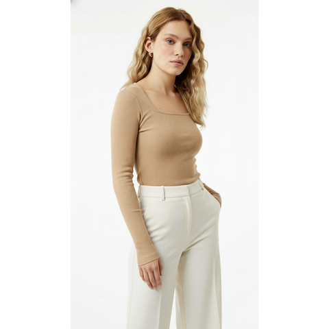 Camel Ribbed Square Neck Top