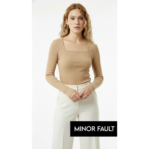 (Minor Fault) Camel Ribbed Square Neck Top | Montivo Pakistan