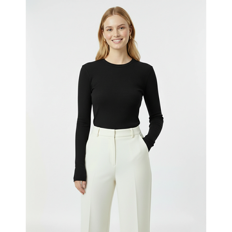 Black Ribbed Crew Neck Top