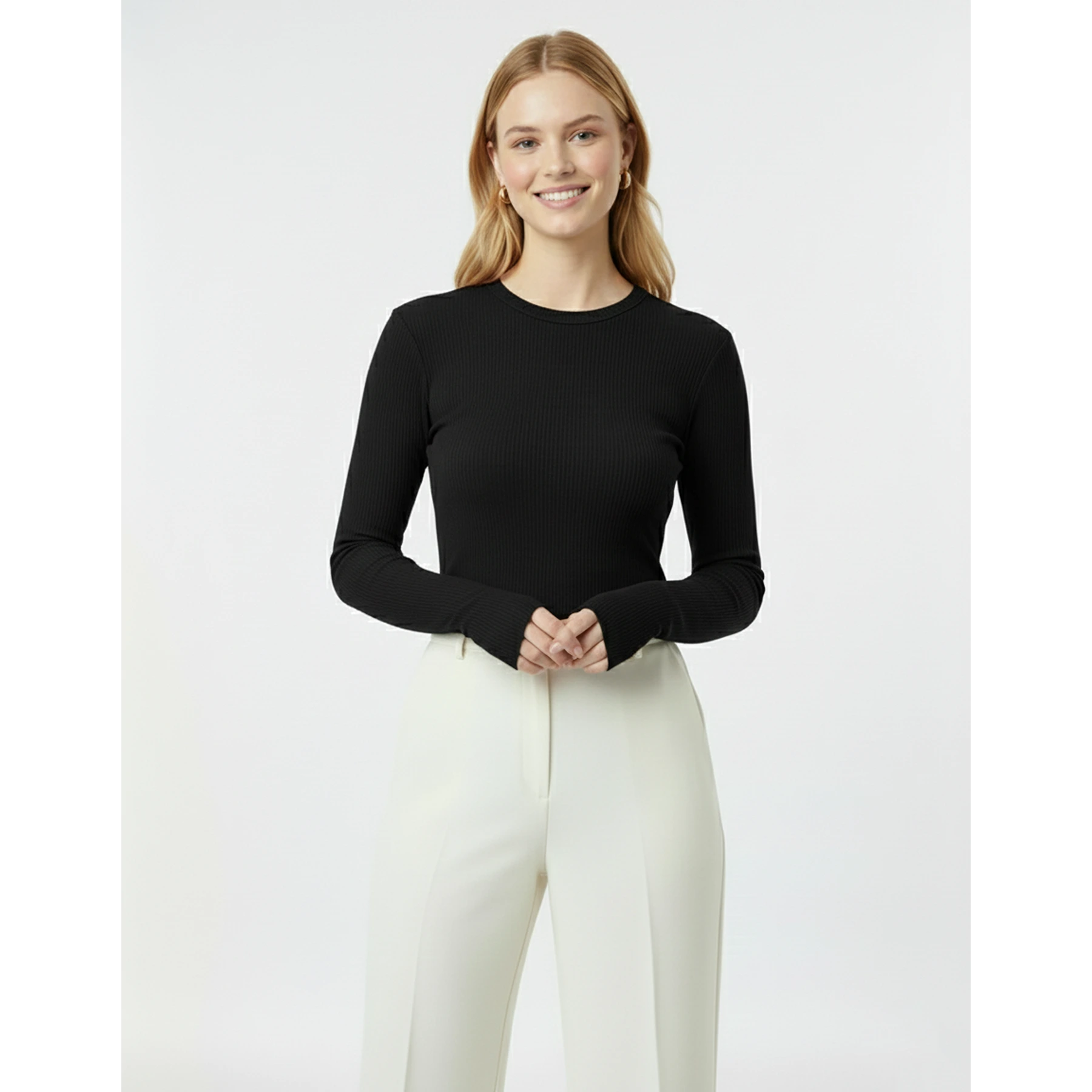 Black Ribbed Crew Neck Top | Montivo Pakistan