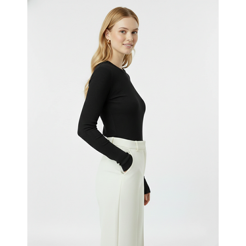 Black Ribbed Crew Neck Top