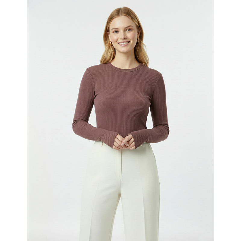 Muave Ribbed Crew Neck Top | Montivo Pakistan