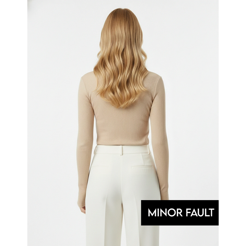 (Minor Fault) Beige Ribbed Crew Neck Top | Montivo Pakistan