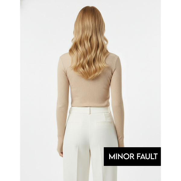 (Minor Fault) Beige Ribbed Crew Neck Top | Montivo Pakistan