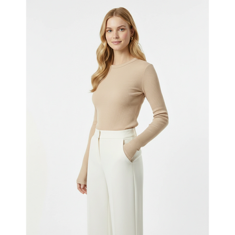 Beige Ribbed Crew Neck Top | Montivo Pakistan