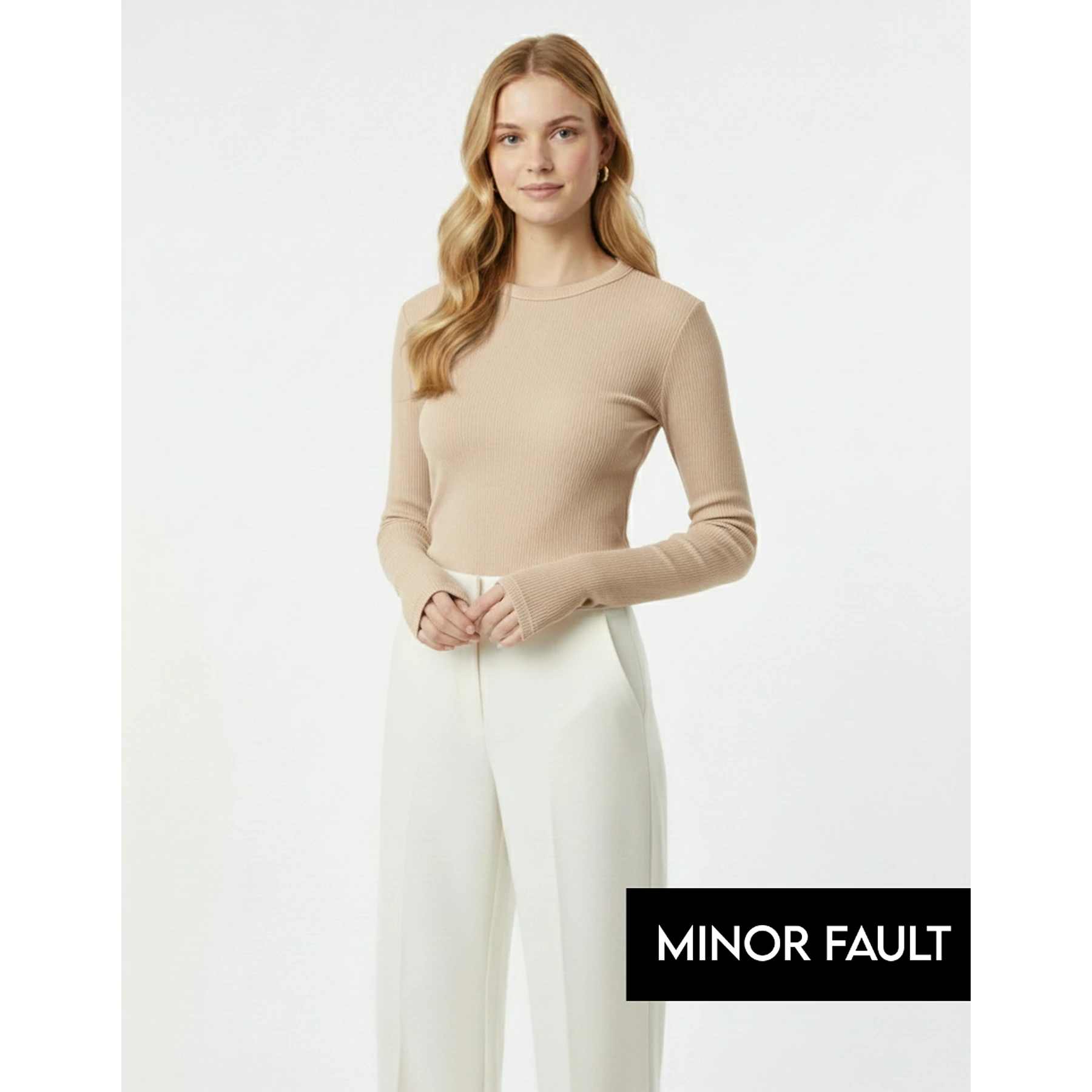 (Minor Fault) Beige Ribbed Crew Neck Top | Montivo Pakistan