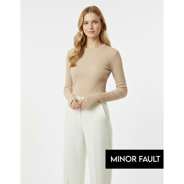 (Minor Fault) Beige Ribbed Crew Neck Top | Montivo Pakistan