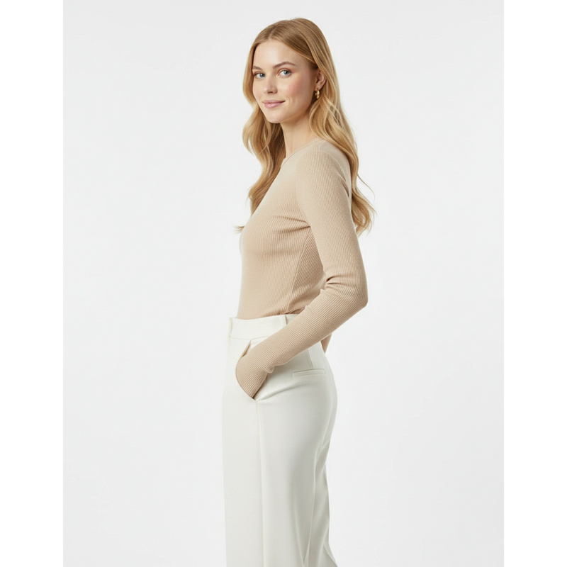 Beige Ribbed Crew Neck Top