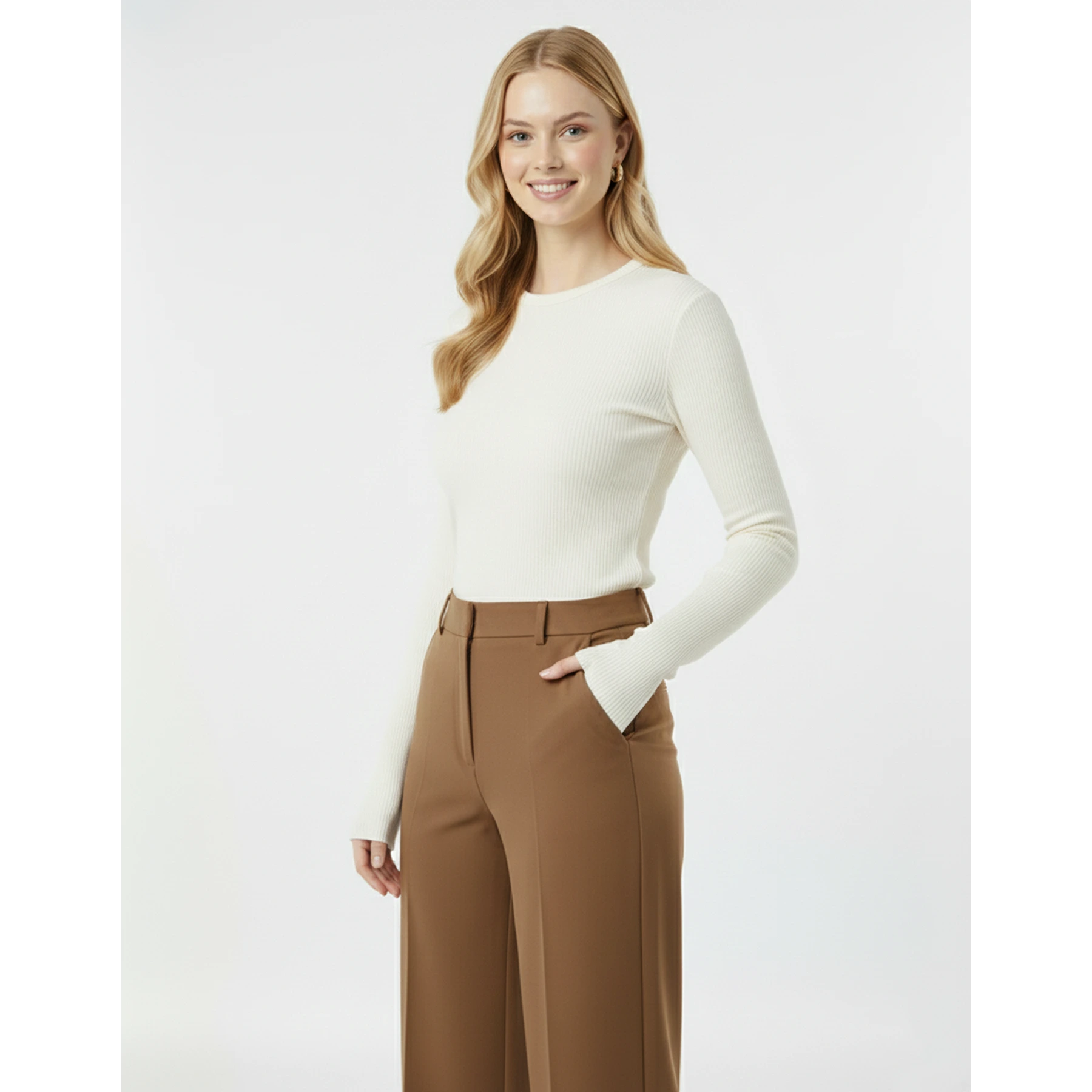 Off-White Ribbed Crew Neck Top | Montivo Pakistan