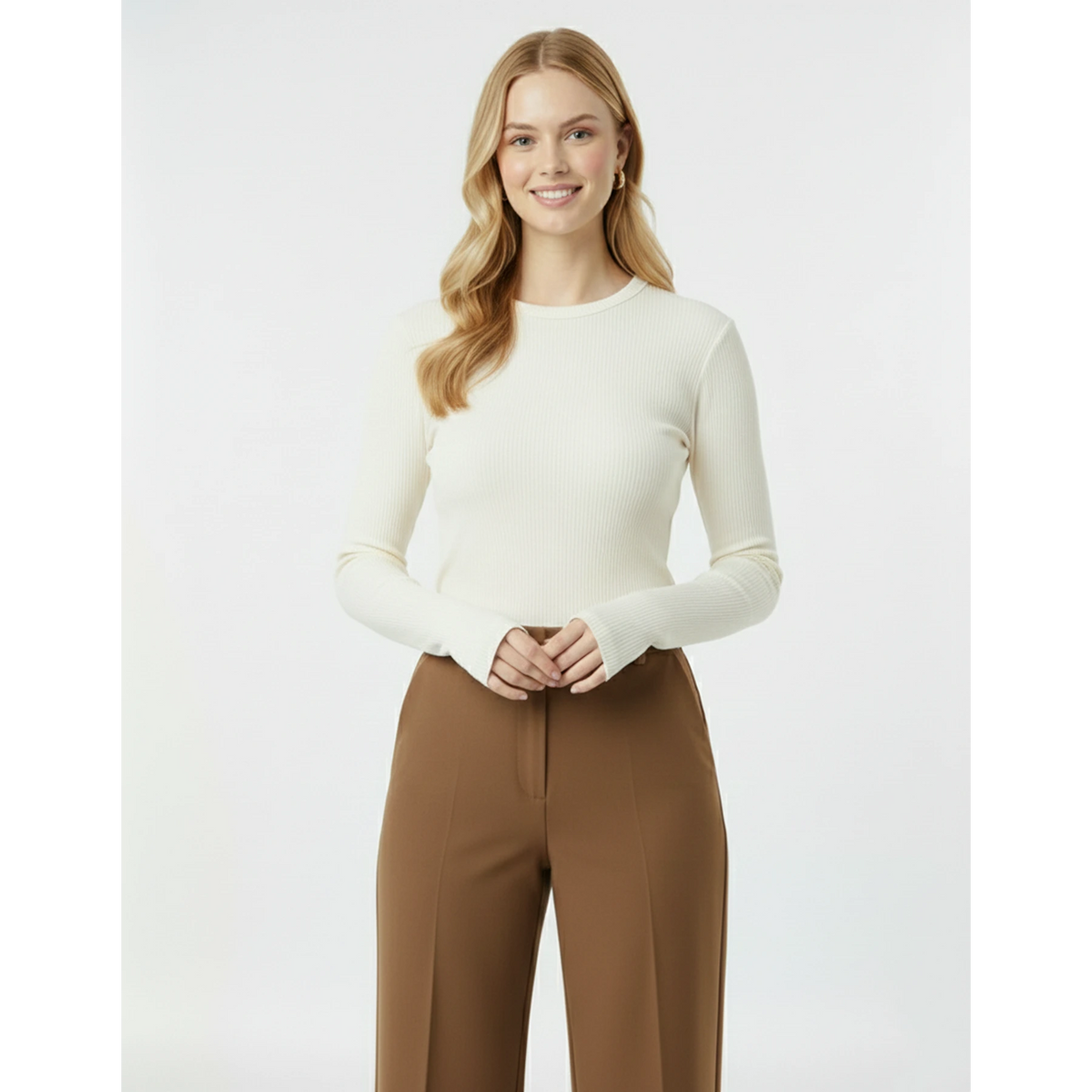 Off-White Ribbed Crew Neck Top | Montivo Pakistan