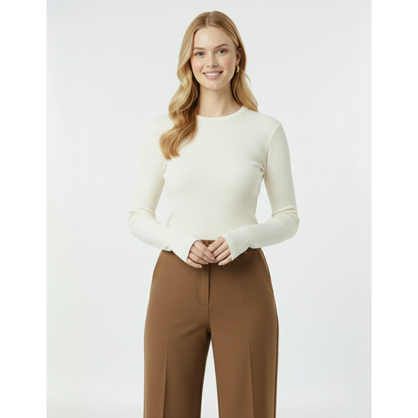 Off-White Ribbed Crew Neck Top | Montivo Pakistan