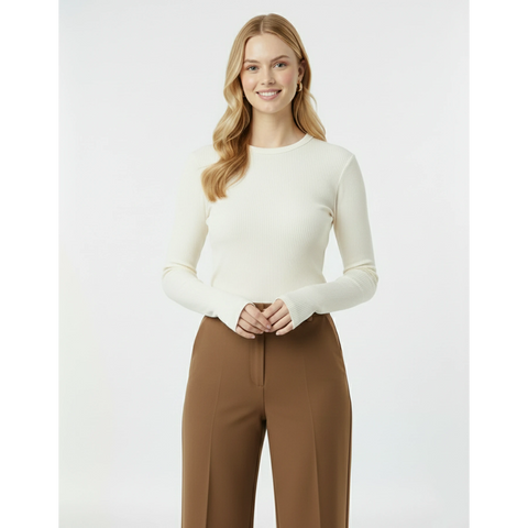 Off-White Ribbed Crew Neck Top | Montivo Pakistan