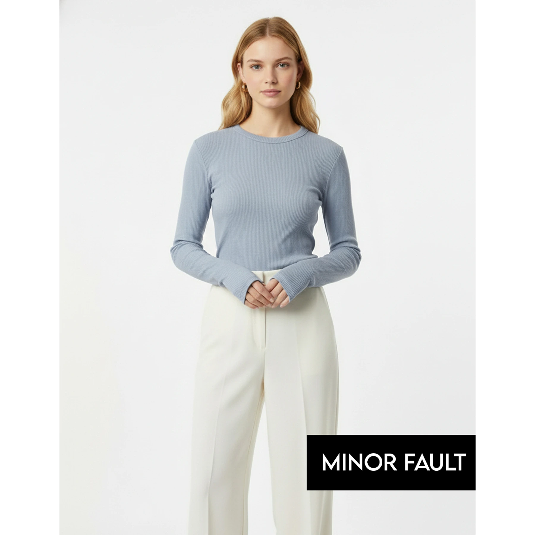 (Minor Fault) Light Blue Ribbed Crew Neck Top | Montivo Pakistan