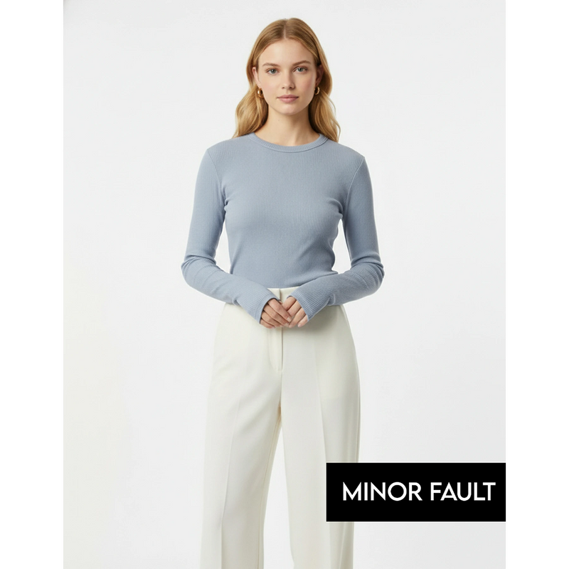 (Minor Fault) Light Blue Ribbed Crew Neck Top | Montivo Pakistan