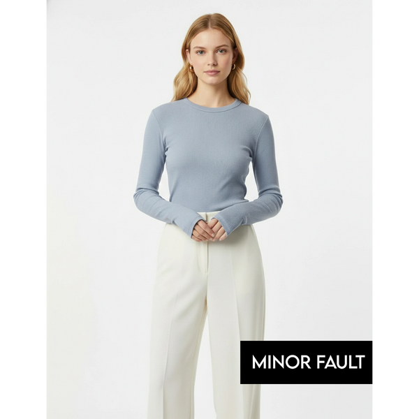 (Minor Fault) Light Blue Ribbed Crew Neck Top | Montivo Pakistan