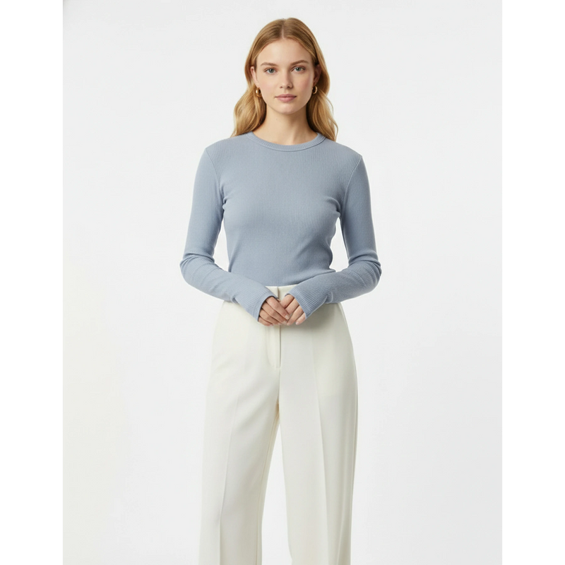 Light Blue Ribbed Crew Neck Top | Montivo Pakistan