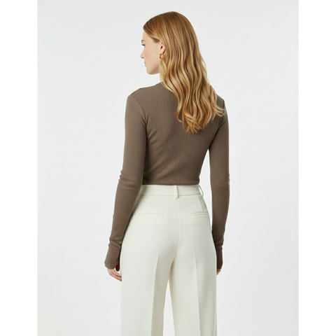 Brown Ribbed Crew Neck Top
