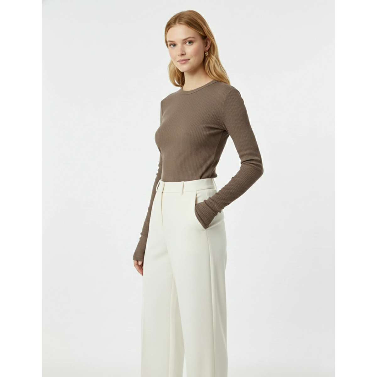 Brown Ribbed Crew Neck Top