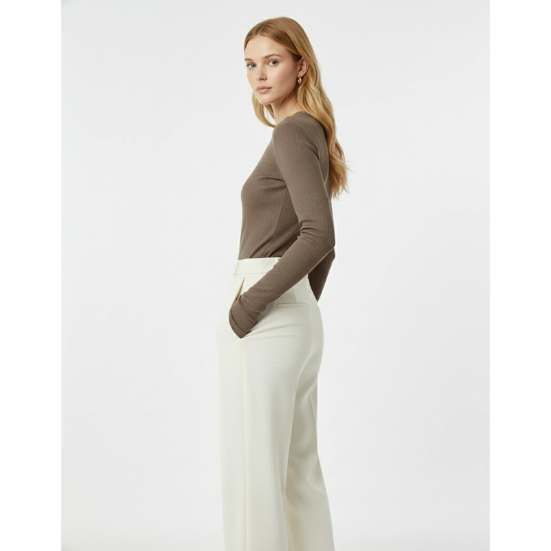 Brown Ribbed Crew Neck Top