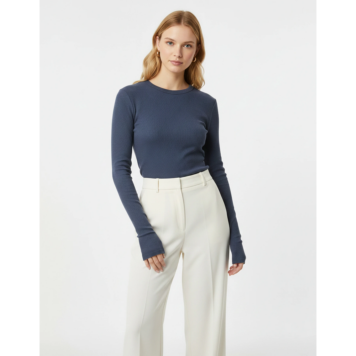 Blue Ribbed Crew Neck Top