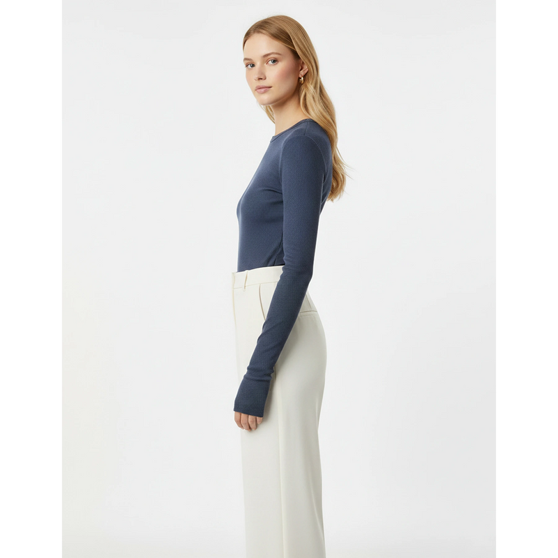 Blue Ribbed Crew Neck Top