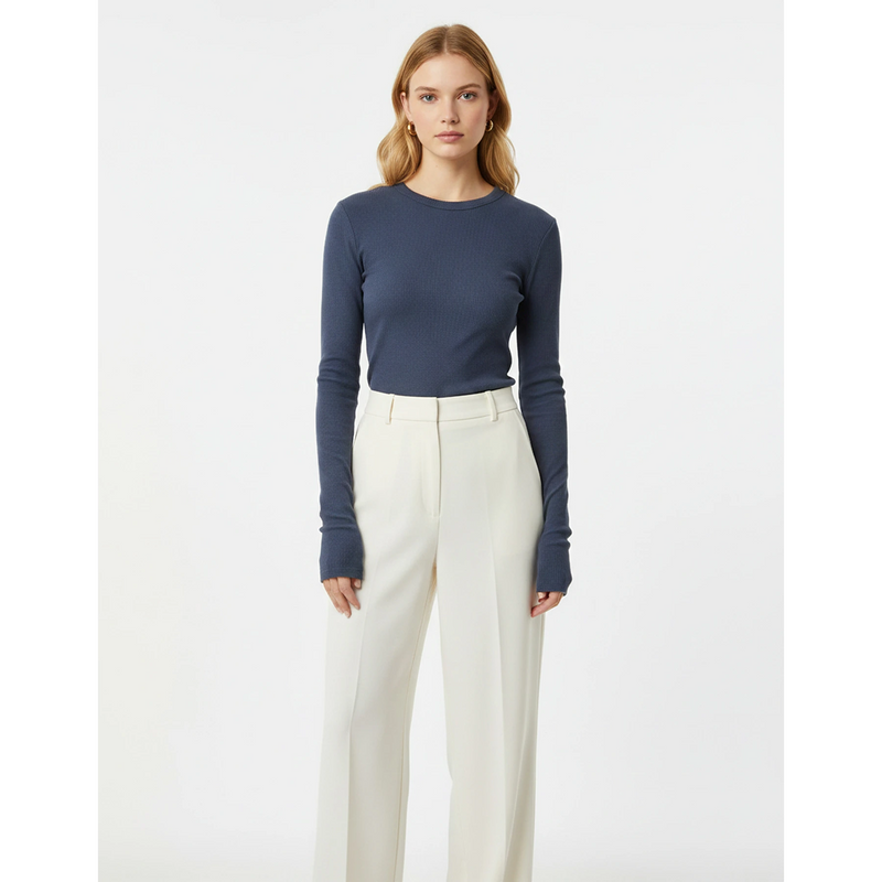 Blue Ribbed Crew Neck Top