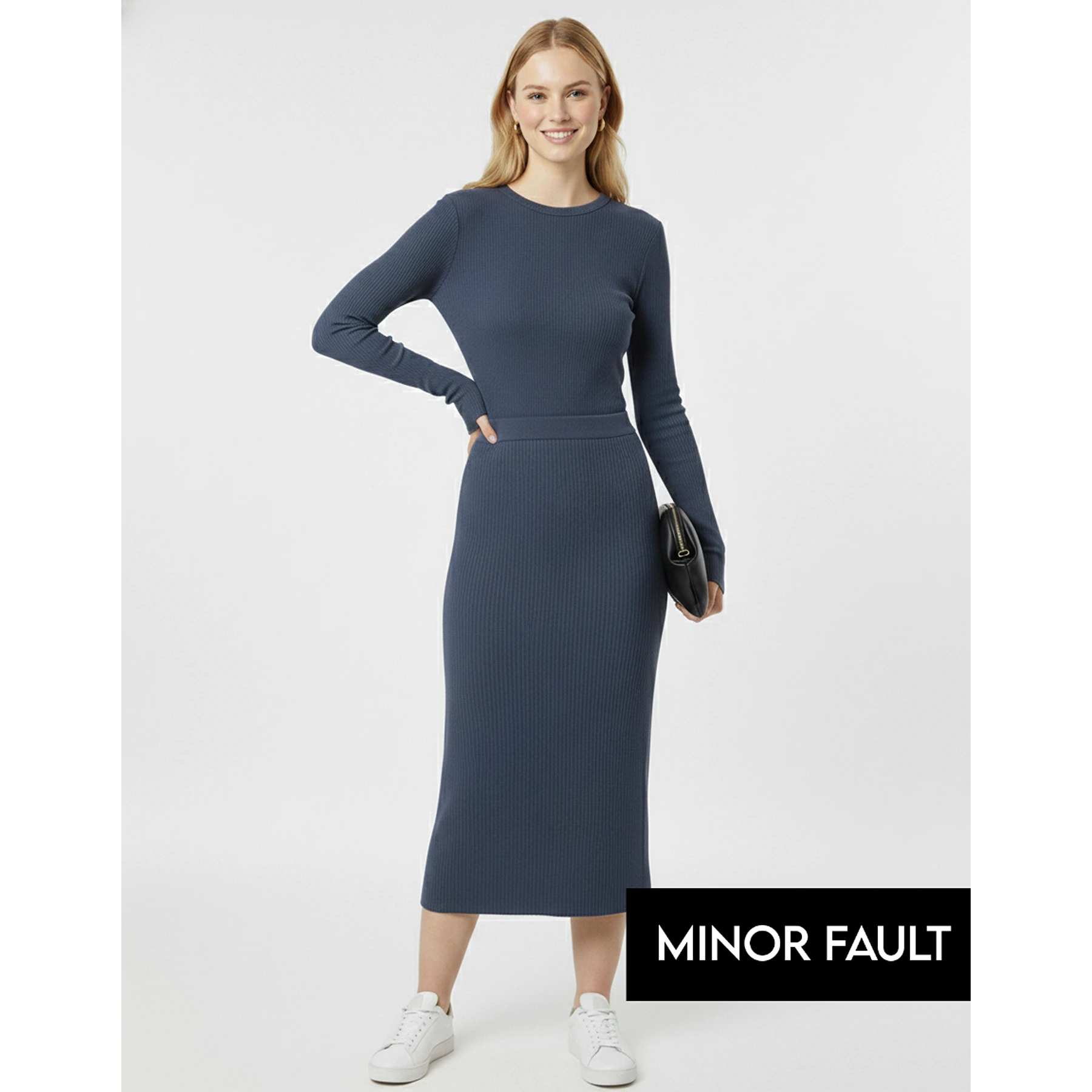 (Minor Fault) Blue Ribbed Knit Skirt | Montivo Pakistan