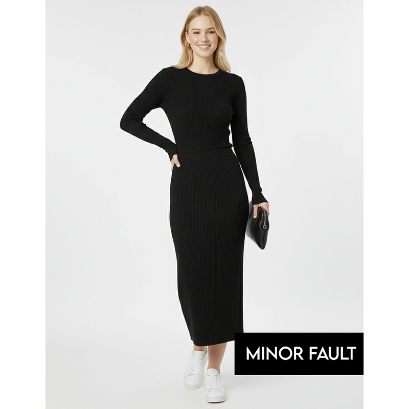 (Minor Fault) Black Ribbed Knit Skirt | Montivo Pakistan