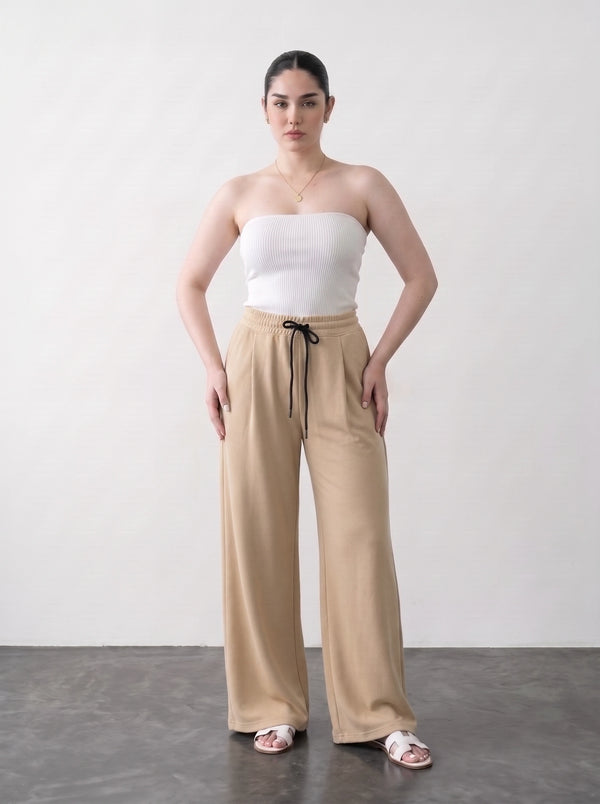 Beige Pleated Wide Leg Trousers | Montivo Pakistan