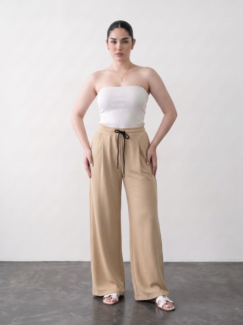 Beige Pleated Wide Leg Trousers | Montivo Pakistan