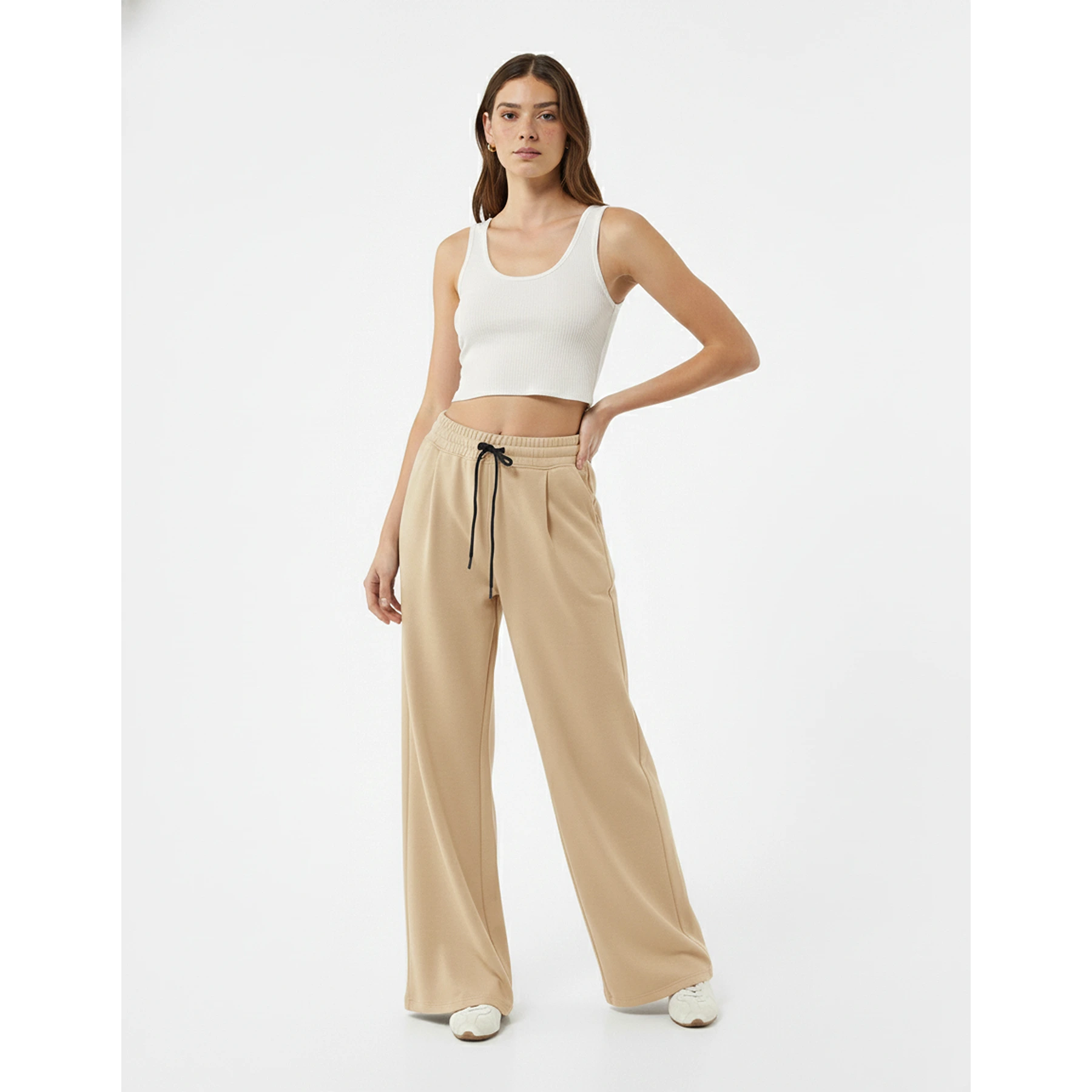 Beige Pleated Wide Leg Trousers | Montivo Pakistan