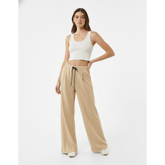 Beige Pleated Wide Leg Trousers