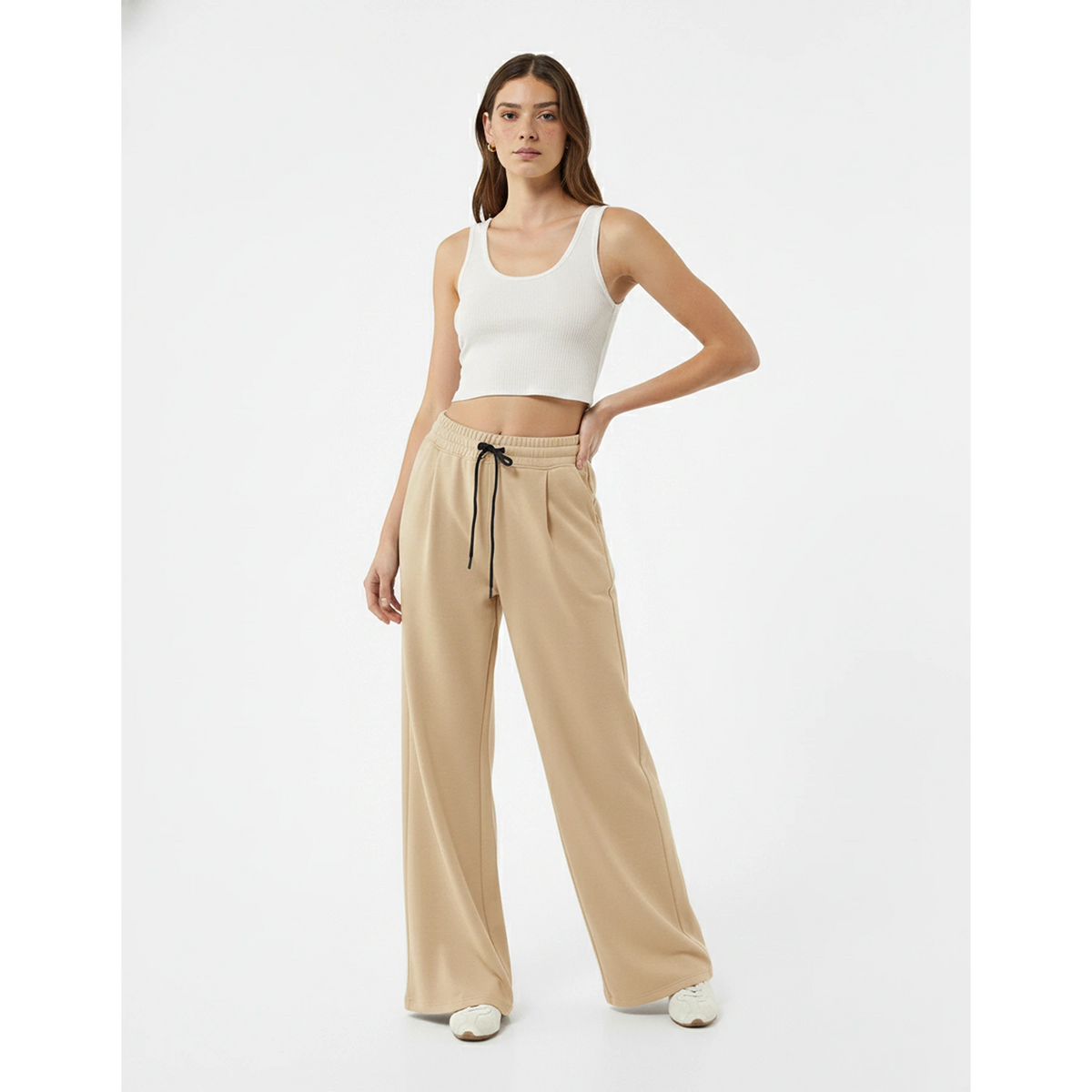 Beige Pleated Wide Leg Trousers | Montivo Pakistan