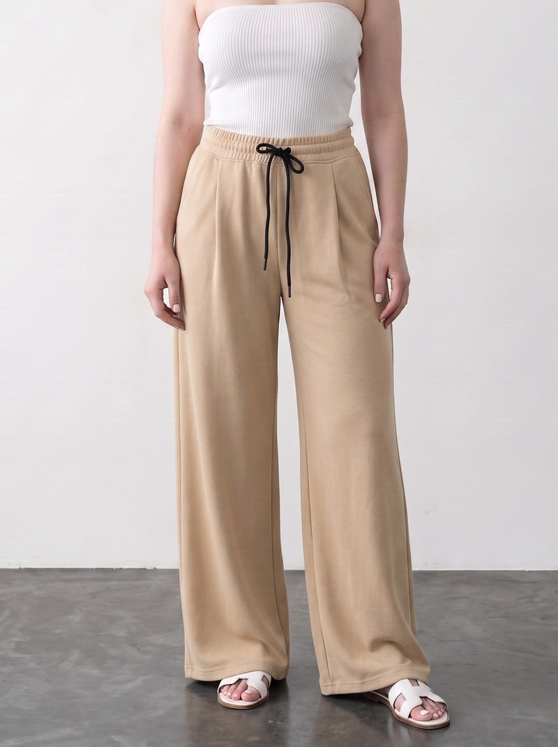 Beige Pleated Wide Leg Trousers | Montivo Pakistan