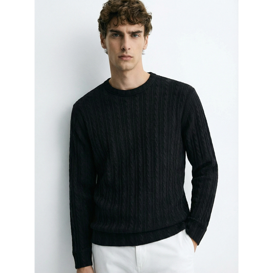 Black Cable Knit Crew Neck Jumper