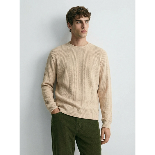 Beige Cable Knit Crew Neck Jumper