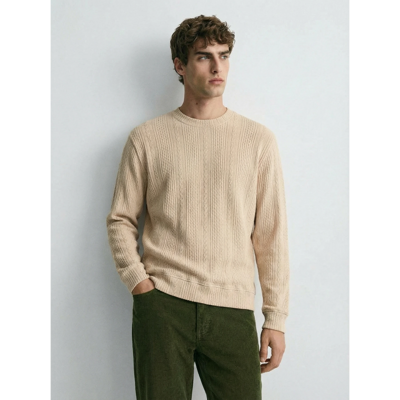 Beige Cable Knit Crew Neck Jumper | Montivo Pakistan
