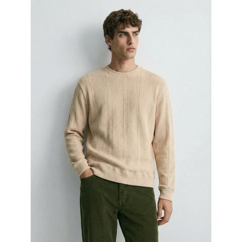 Beige Cable Knit Crew Neck Jumper