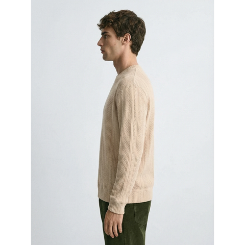 Beige Cable Knit Crew Neck Jumper