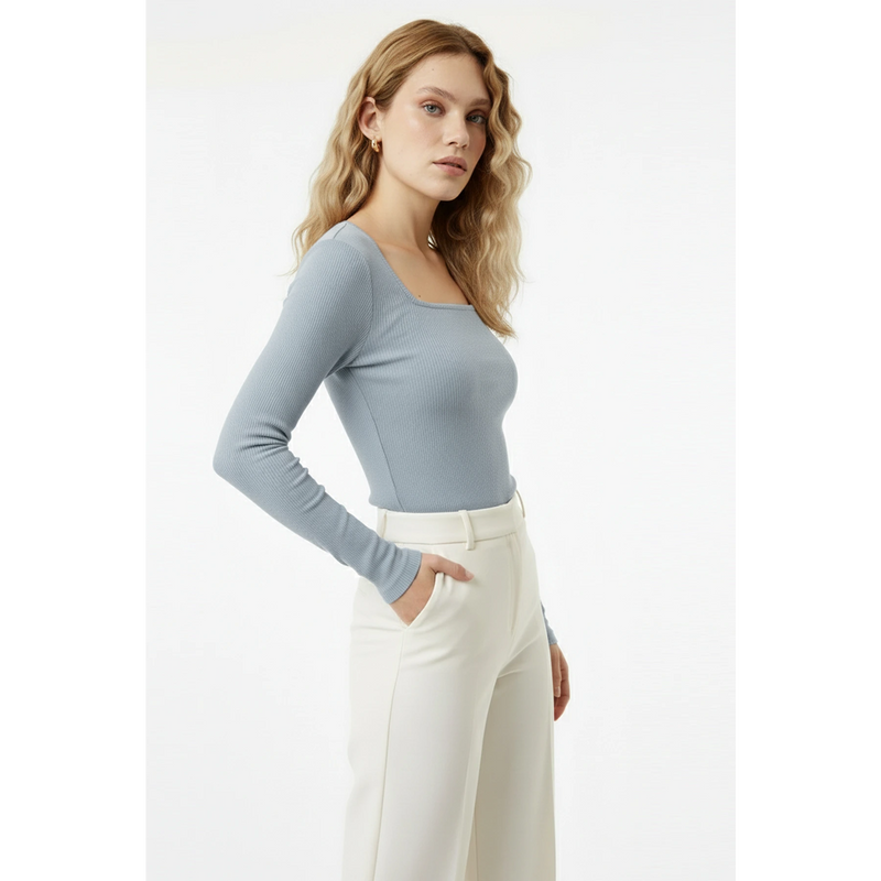 Light Blue Ribbed Square Neck Top | Montivo Pakistan