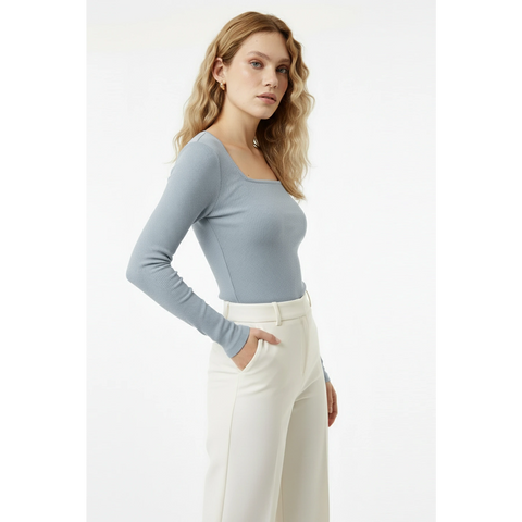 Light Blue Ribbed Square Neck Top | Montivo Pakistan