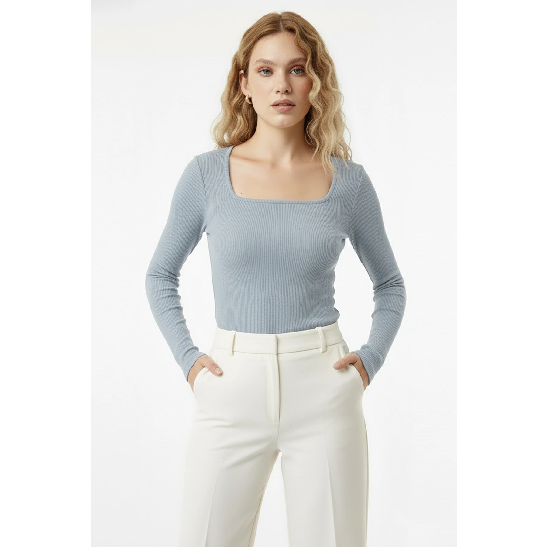 Light Blue Ribbed Square Neck Top | Montivo Pakistan