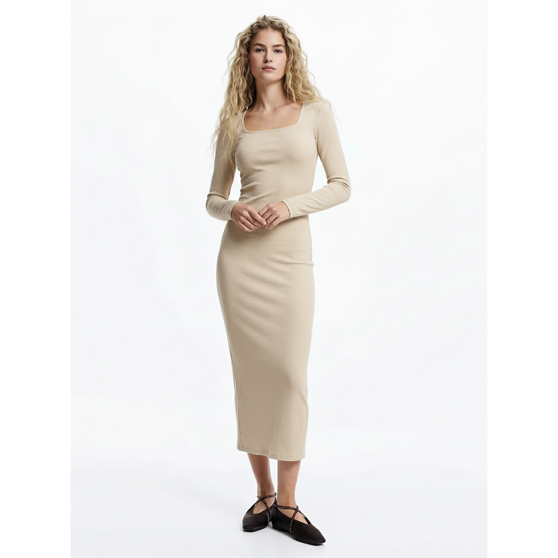 Beige Square Neck Bodycon Dress | Montivo Pakistan