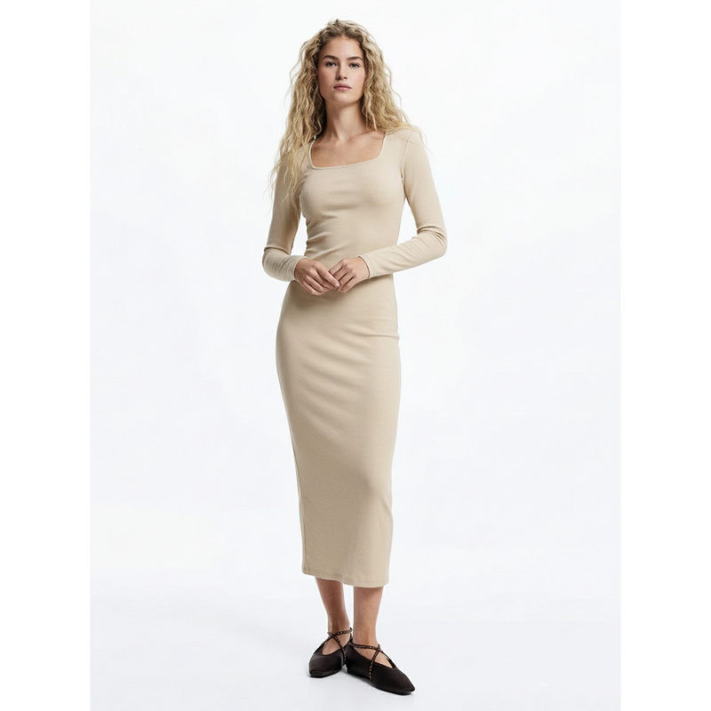 Beige Square Neck Bodycon Dress | Montivo Pakistan