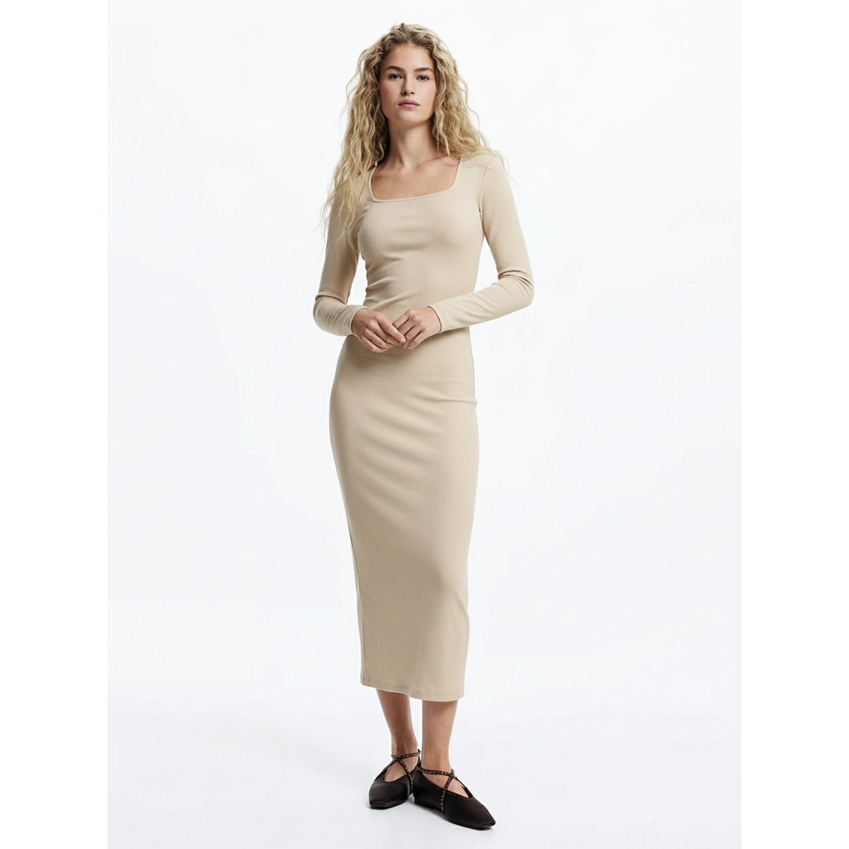 Beige Square Neck Bodycon Dress | Montivo Pakistan